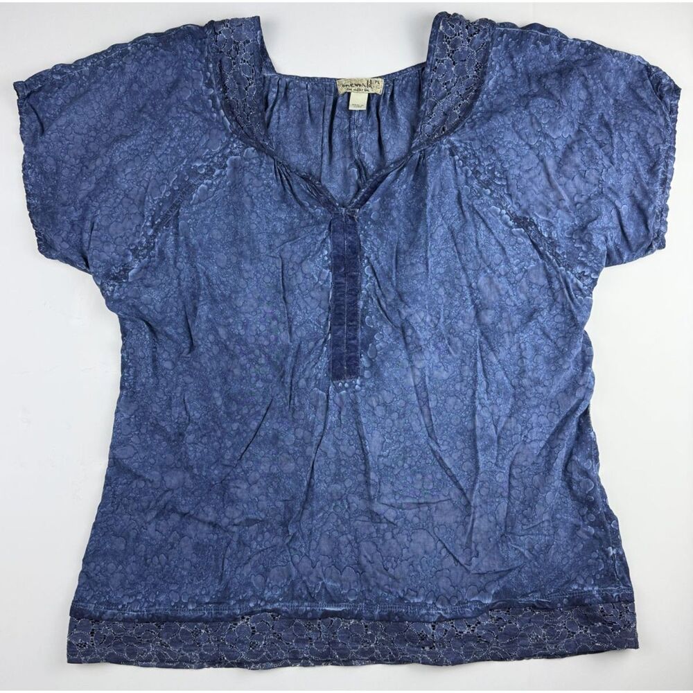 One World Blue Acid Wash Peasant Top Lace Trim Short Sleeve Boho Womens PL